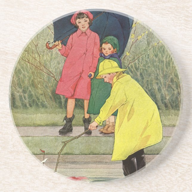 Porta-copos Crianças Antigas Brincando com Barquinhos de Brinq (Frente)