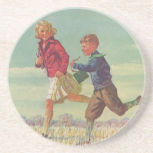 Porta-copos Crianças Antigas Correndo para a Escola Carregando