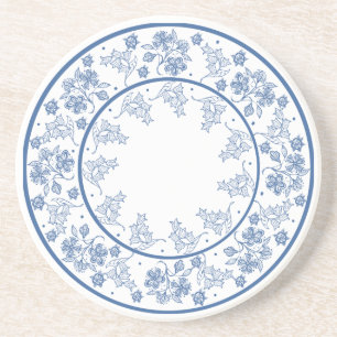 Porta-copos Custom Indigo Blue Floral Border Sandstone Coaster