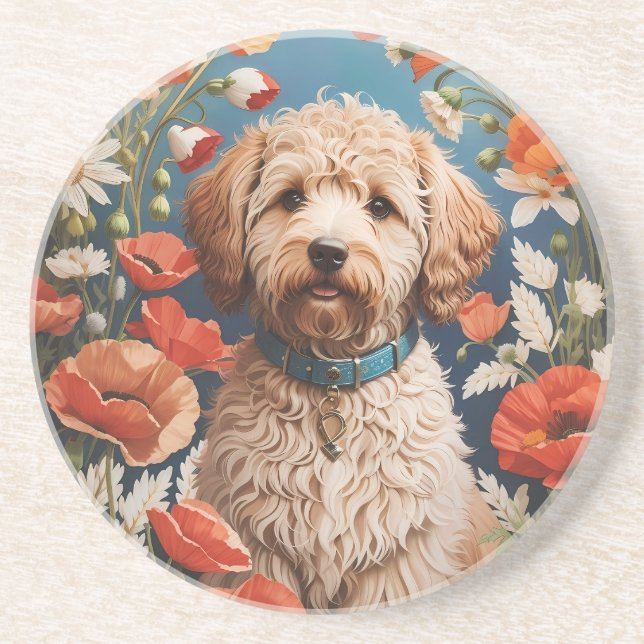 Porta-copos Cute Labradoodle Daisy E Poppy Flower (Frente)