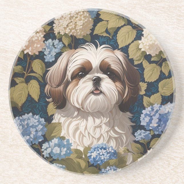 Porta-copos Cute Shih Tzu Puppy Blue hydrangea flores (Frente)