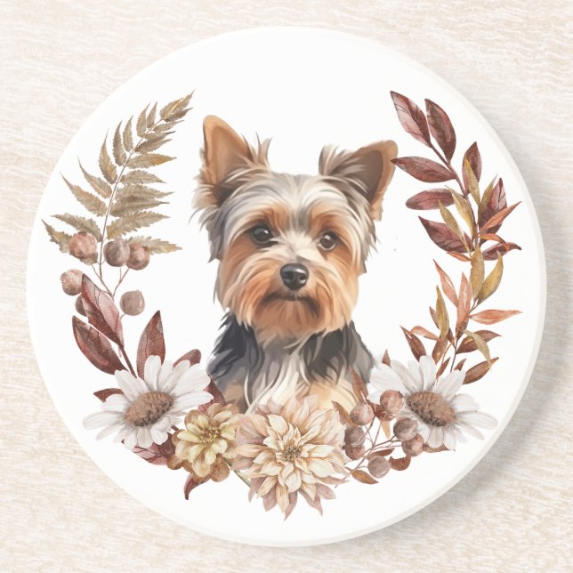 Porta-copos Cute Yorkshire Terrier Dog Autumn Wreath (Frente)