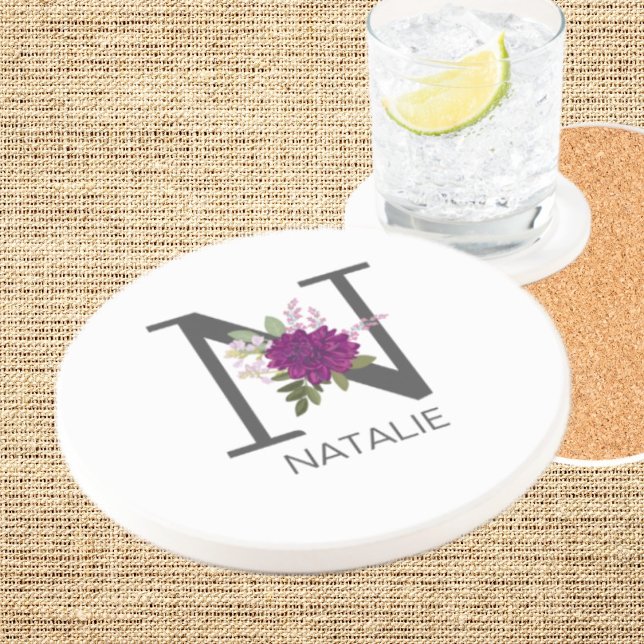 Porta-copos Dália Burgundy Floral Alfabeto Letra Monograma   (Criador carregado)