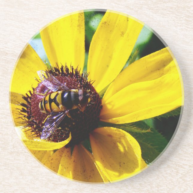 Porta-copos De Arenito Abelha e Flor Amarelo (Frente)