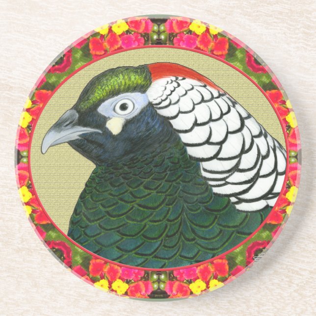 Porta-copos De Arenito Amherst Pheasant e Flores (Frente)