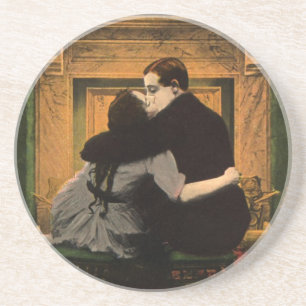 Porta-copos De Arenito Amor e Romance Vintage, Beijo na Lareira Romântica