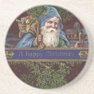 Porta-copos De Arenito Anjos de Papai Noel Vitorianos Azul Natal Arte Ant