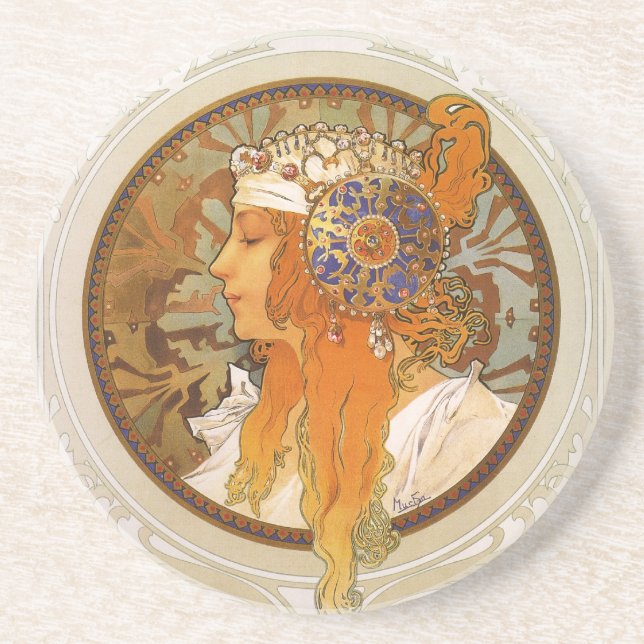 Porta-copos De Arenito Art deco de Alphonse Mucha (Frente)