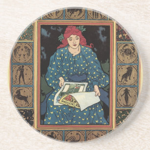 Porta-copos De Arenito Arte Vintage Art Nouveau, Mulher Lendo Livro de As