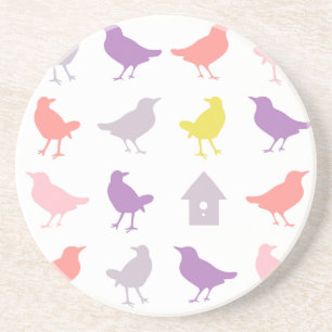 Porta-copos De Arenito Aves de Pastel, rosa e roxo, com casa de aves