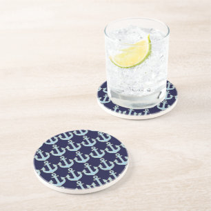 Porta-copos De Arenito azul náutico do teste padrão da âncora do barco