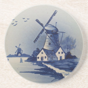 Porta-copos De Arenito Azul Vintage Delft Moinho de Vento Branco