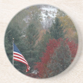 Porta-copos De Arenito Bandeira Americana e Montanhas com neve em queda