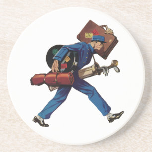 Porta-copos De Arenito Bellhop do vintage no uniforme, na mala de viagem