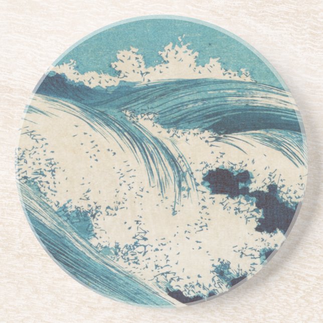 Porta-copos De Arenito Blue Ocean Waves Woodcut (Frente)