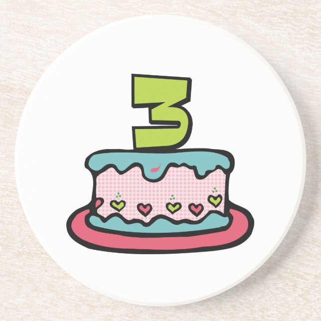 Porta-copos De Arenito Bolo de aniversário de 3 anos (Frente)