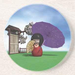 Porta-copos De Arenito Boneca Kokeshi Japonesa Arte de Flor de Cerejeira
