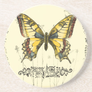 Porta-copos De Arenito Borboleta Decorativa com flores selvagens