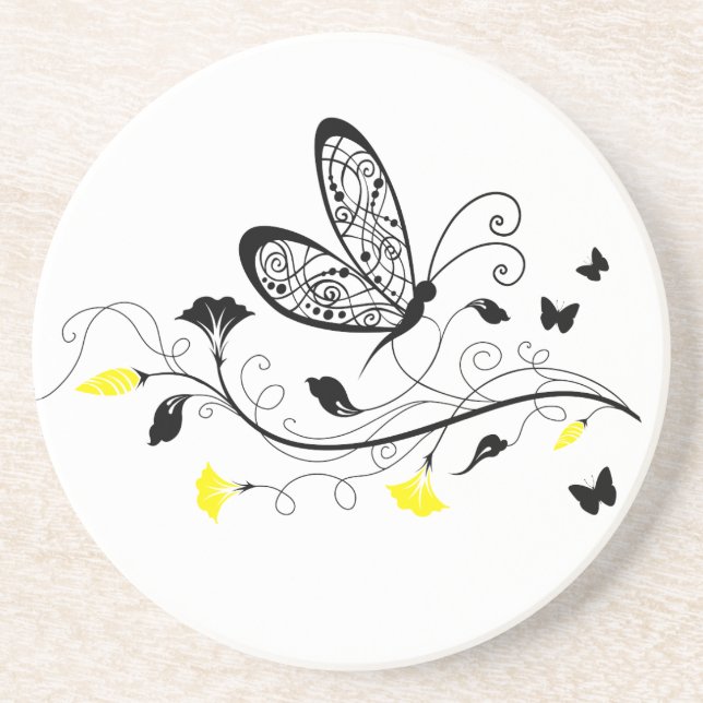Porta-copos De Arenito Borboletas pretas 3 (Frente)