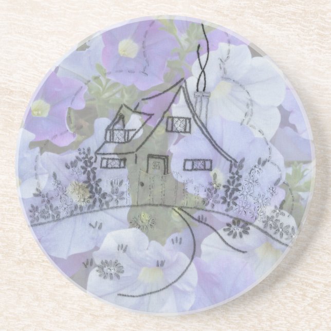 Porta-copos De Arenito Bordados de algodão e Petunias (Frente)