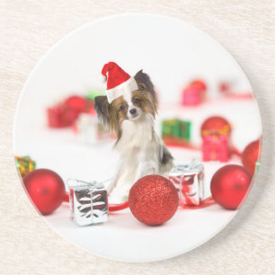 Porta-copos De Arenito Cachorro Papillon Fofo Chapéu de Natal do Papai No
