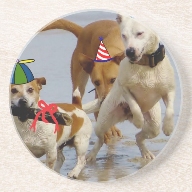 Porta-copos De Arenito cachorros de aniversário felizes (Frente)