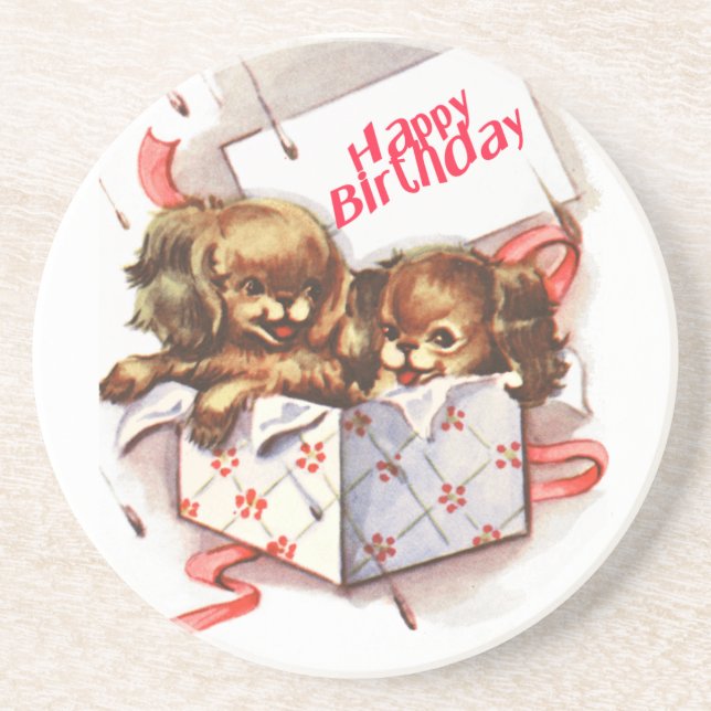 Porta-copos De Arenito cachorros na caixa (Frente)