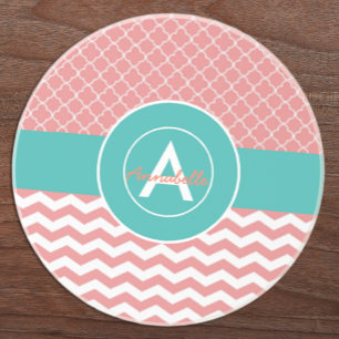 Porta-copos De Arenito Cerceta coral Chevron Quatrefoil