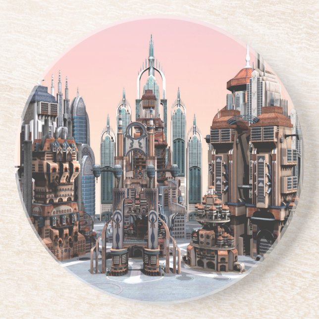 Porta-copos De Arenito Cidade de Fantasia Futurista Arte de Horizonte de  (Frente)