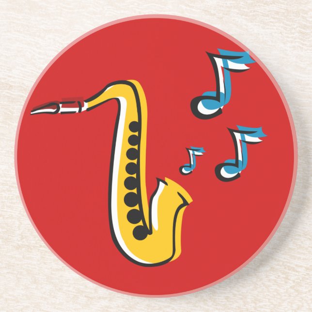 Porta-copos de arenito com Saxofone Jazz e Notas (Frente)