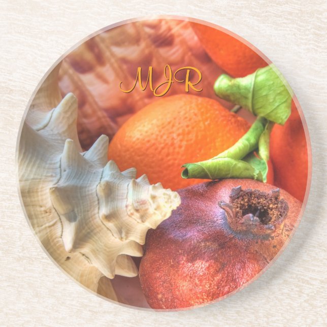 Porta-copos De Arenito Conchas, Pomegranato, Laranjas, Monograma, vida út (Frente)