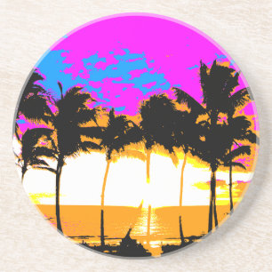 Porta-copos De Arenito Corey Tiger 80s Retro Vintage Palm Trees Sunset