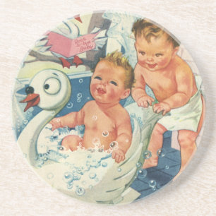 Porta-copos De Arenito Crianças Vintage Reproduzindo bolhas em Banheira 