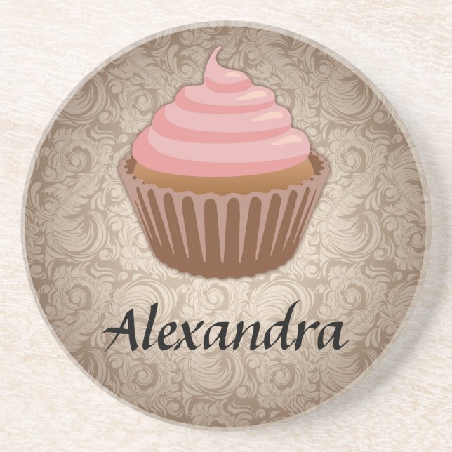 Porta-copos De Arenito Cupcake Rosa Suave e Castanho, Keepsasasak Persona (Frente)