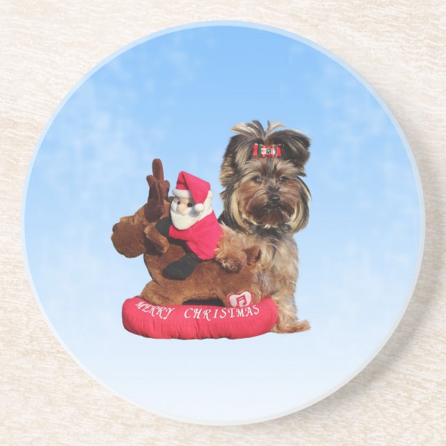 Porta-copos De Arenito Cute Yorkshire Terrier Felry Natal (Frente)