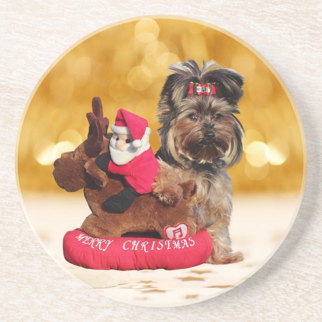 Porta-copos De Arenito Cute Yorkshire Terrier Felry Natal (Frente)