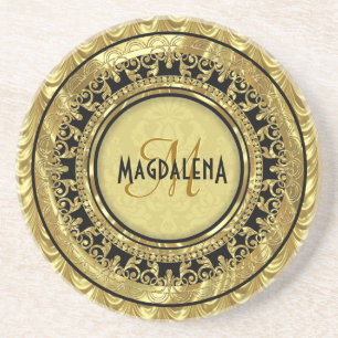 Porta-copos De Arenito Damascos Florais Dourados e Pretos - Monograma