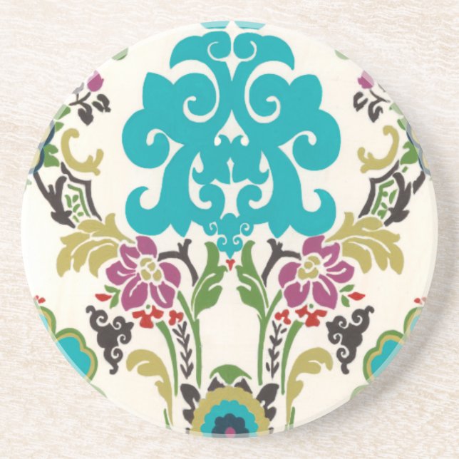 Porta-copos De Arenito Damask Floral Patternos Plum Turquoise (Frente)