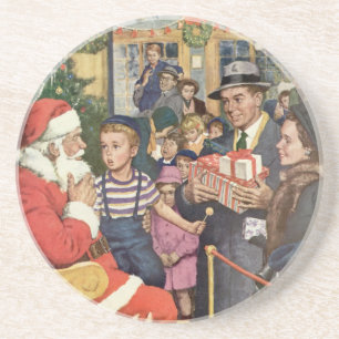 Porta-copos De Arenito Desejo de Natal Antigo, Menino no Colo do Papai No