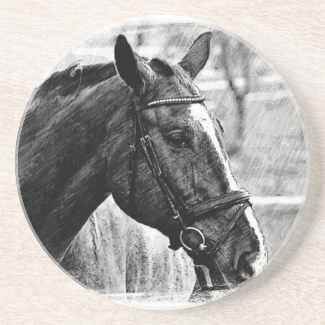 Porta-copos De Arenito Desenho do Cavalo Branco Negro (Frente)