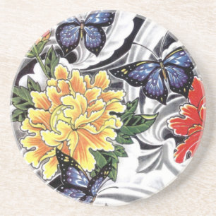 Porta-copos De Arenito Design de Peony Amarelo e de Tatuagem de Borboleta