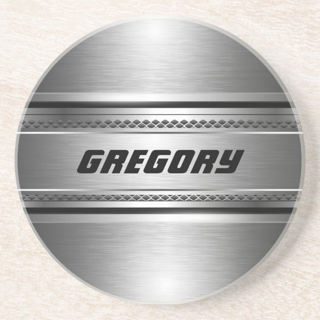 Porta-copos De Arenito Design Monogramas de Faux prata Masculina (Frente)