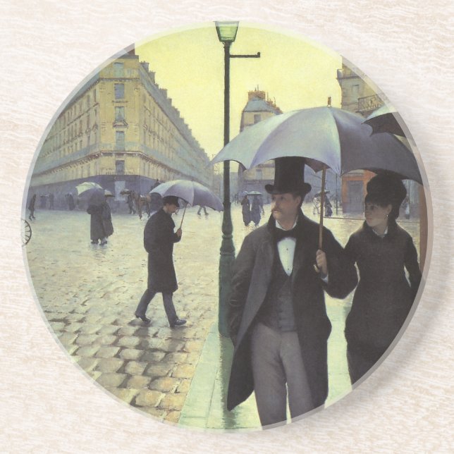 Porta-copos De Arenito Dia Rainy da Rua Paris por Gustave Caillebotte (Frente)