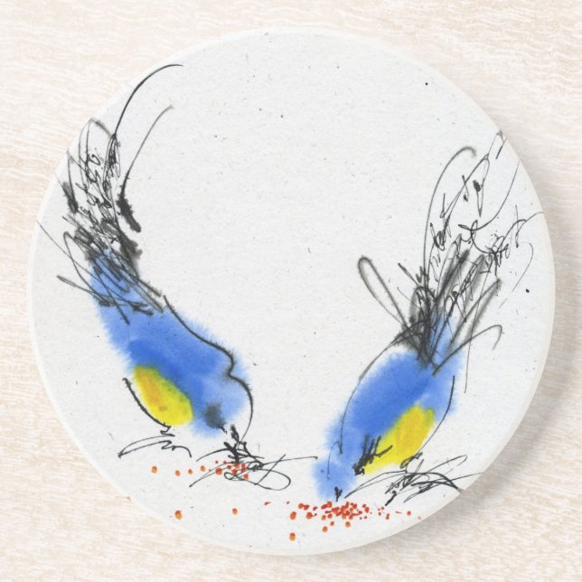 Porta-copos De Arenito Dois titmouses pequenos que pecking a grão. (Frente)