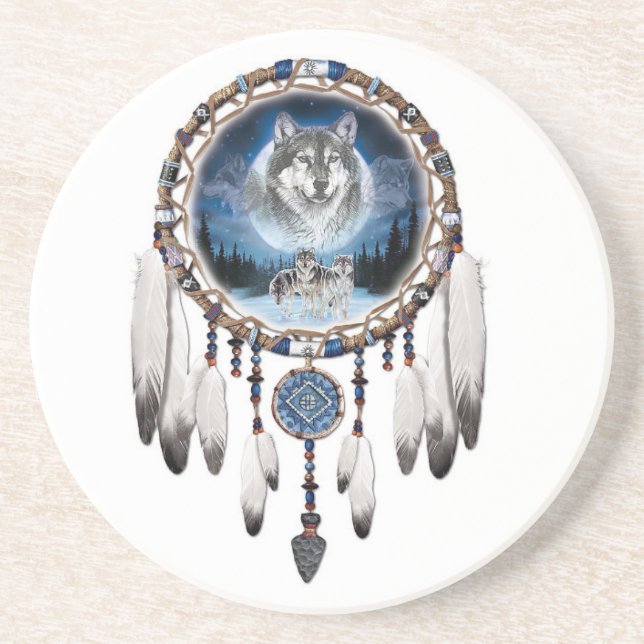 Porta-copos De Arenito Dream Catcher com fundo de lobo (Frente)