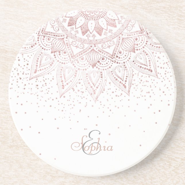 Porta-copos De Arenito Elegante Rosa Dourado Dots Mandala (Frente)