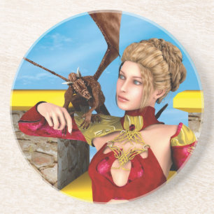 Porta-copos De Arenito Fantasia Princesa Dragão Arte Digital