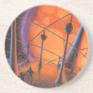 Porta-copos De Arenito Ficção Científica Vintage, Sol Laranja e Alienígen