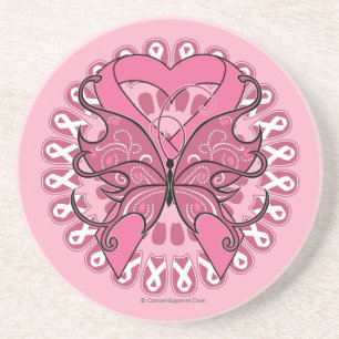 Porta-copos De Arenito Fita do coração da borboleta - cancro da mama