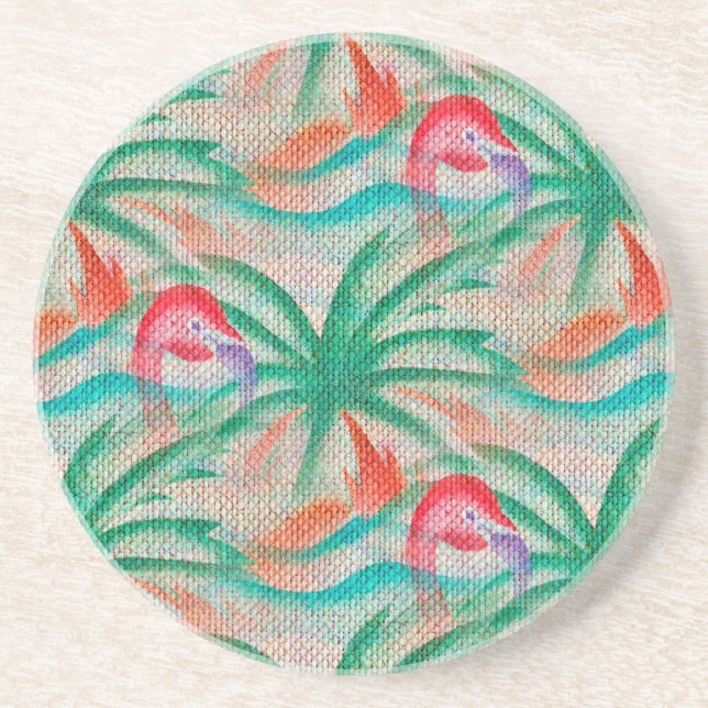 Porta-copos De Arenito Flamingo Palm Tree Burlap (Frente)
